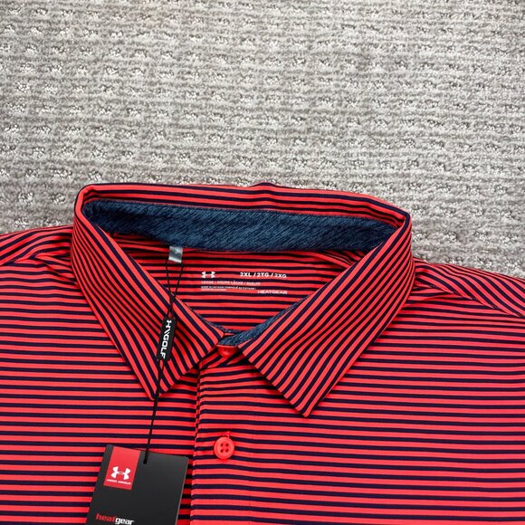 New Under ARMOUR Golf Shirt Men 2XL Neon Orange Navy Blue Stripes Heat Gear NWT - Picture 3 of 15